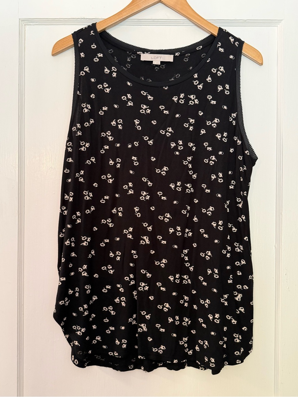 LOFT Black & White Sleeveless Top with Small White Floral Print